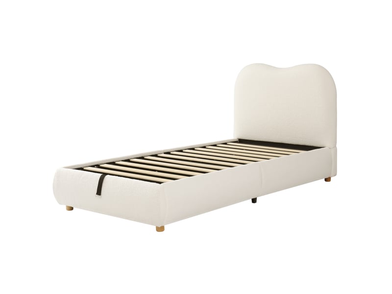  Lit coffre 90x200 cm beige bouclé avec sommier à lattes tête de lit capitonnée ouverture hydraulique rangement Sol Morn - Conforama A