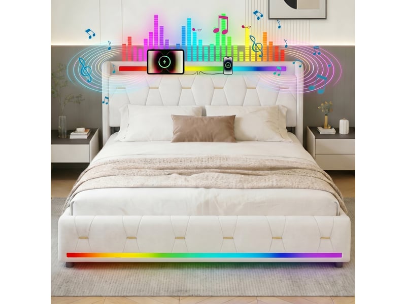  Lit 140x200 cm beige avec rangement, led, 4 tiroirs, ports usb+type-c sans matelas EBD855F-BG - Conforama C