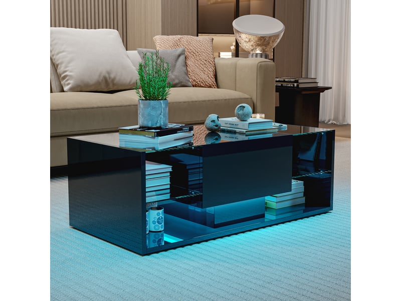  Table basse – verre laqué noir –  rangement led  – apptélécommande – plateau en verre trempé – design moderne  - Conforama E