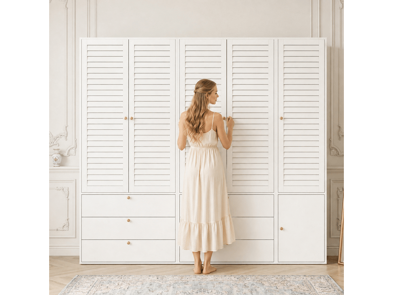 Armoire 5 portes blanche 225x200 cm avec portes persiennes, 6 tiroirs et 3 penderies - Conforama R