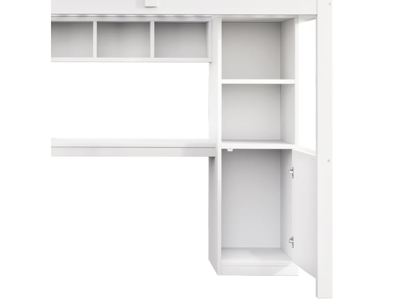 Lit mezzanine 90 × 200 cm, bureau, étagères, escalier-rangement, led, prises et garde-corps hauts, bois et mdf, blanc - Conforama E