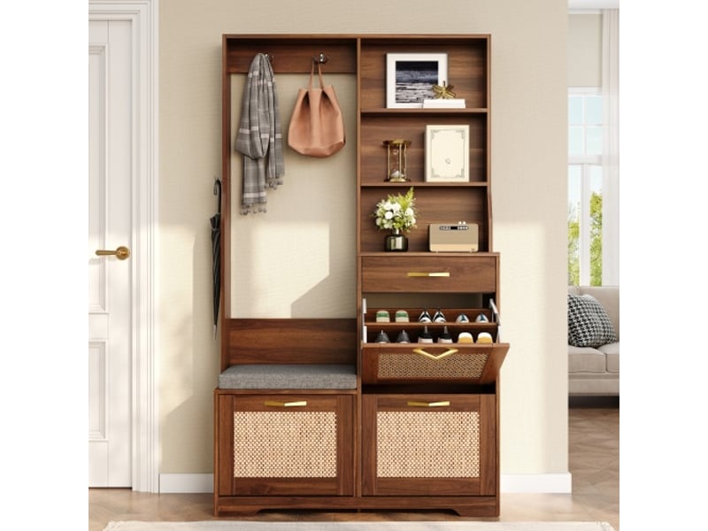 Armoire d'entrée vestiaire avec banc à chaussures tiroirs façade rotin crochets penderie rangement couloir meuble multifonction pour hall entrée  - Conforama E