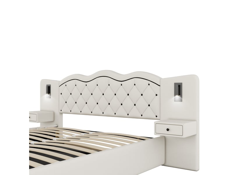  Lit coffre 180x200cm, lit adulte, tête de lit avec chevet, 2 éclairage latéral, prise usb, lin, beige, sans matelas  - Conforama E