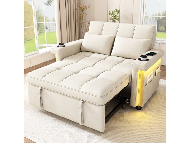Canapé-lit 2 places convertible beige en chenille avec led, usb-c et dossier réglable - Conforama D