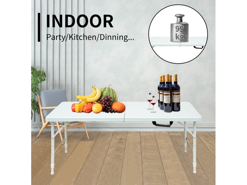 Table pliante d'extérieur ulevr réglable en hauteur de 58 à 73,66 cm, 124,97 x 60,96 cm, plateau en plastique, pieds en acier, blanche - Conforama D