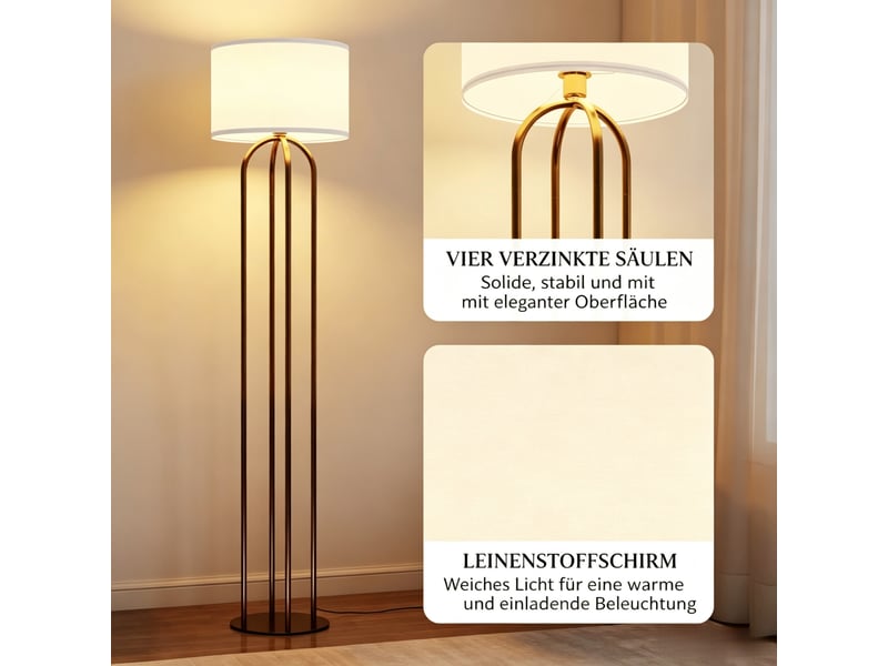  Lampadaire de salon chic 4 colonnes métal doré abat-jour tambour lin beige interrupteur pied e27  - Conforama D