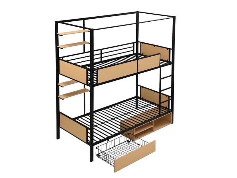 Lit superposé enfant 90x200 cm – noir et naturel – rangements bas avec tiroir sur roulettes – sans matelas - Conforama D