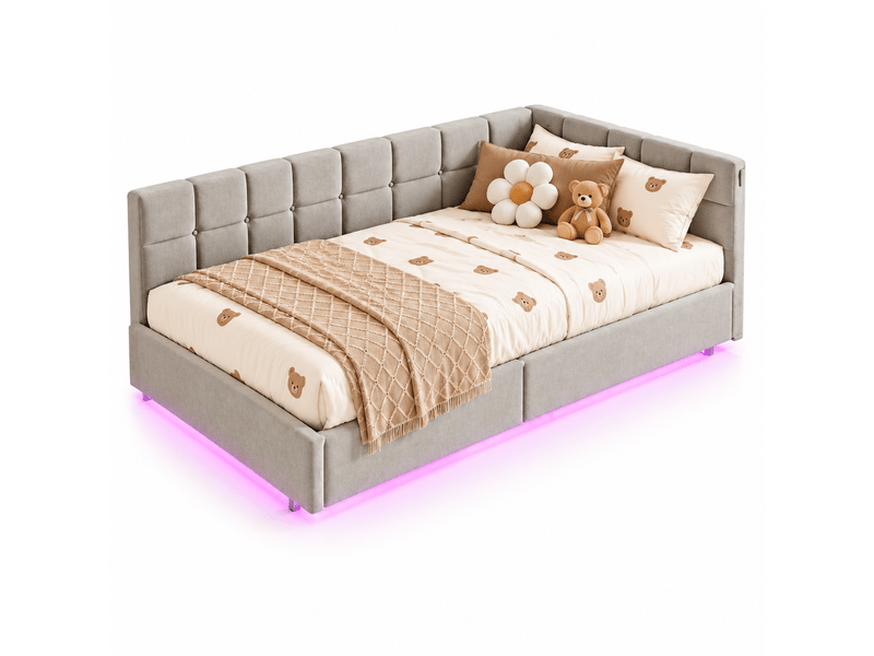 Lit coffre enfant 90x200 cm - éclairage led rgb et charge usb et type c - rangement hydraulique - canapé lit une place 1 personne - Conforama A