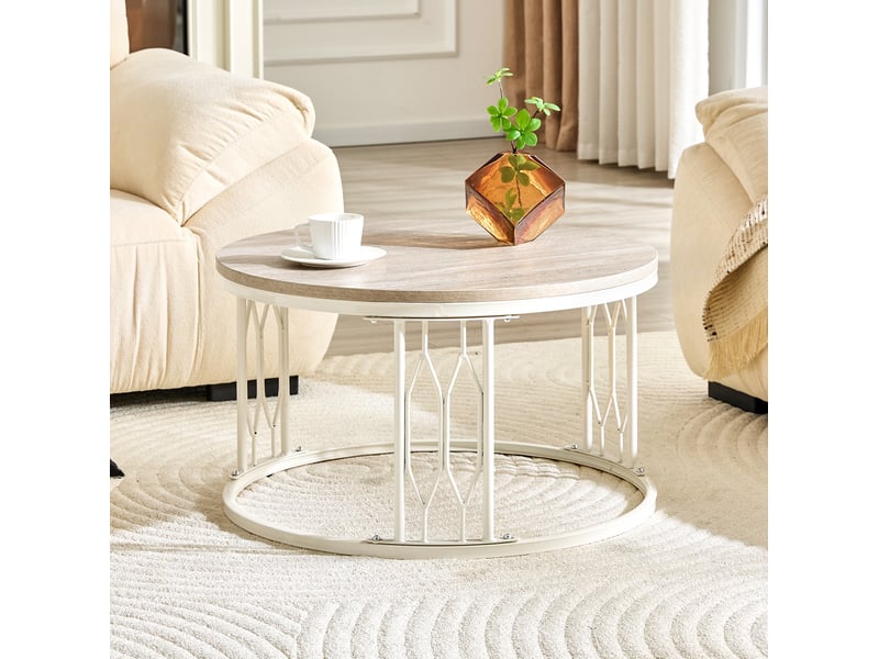  Table basse ronde 70 cm en mdf aspect bois et métal blanc, hauteur 40,5 cm  - Conforama D