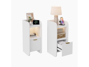 Lot de 2 tables de chevet 25x30x60cm, station de charge et led, 1 tiroir, bout de canapé en bois, style moderne, blanc