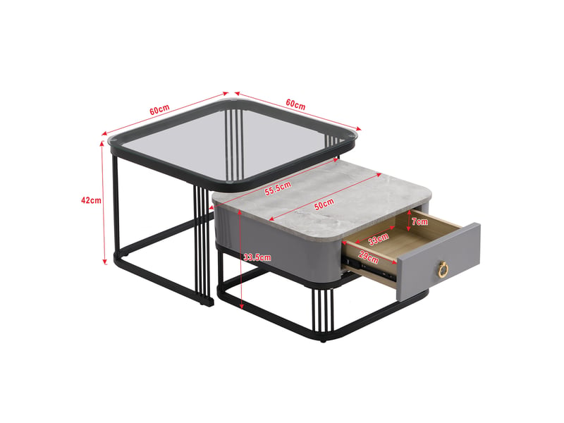  Tables basses gigognes avec 2 tiroirs pour salon en mdf 60×60×44,5 + 50×50×34,5 cm noir  - Conforama E