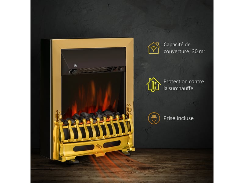  Cheminée électrique effet de flamme style néo rétro thermostat 1000-2000 w noir or  - Conforama E