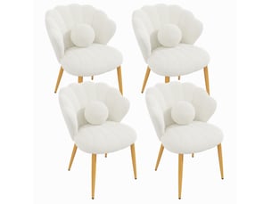 Lot de 4 chaises de salle à manger 60x62,5x83 cm, dossier coquillage, coussins ronds, tissu teddy, blanc