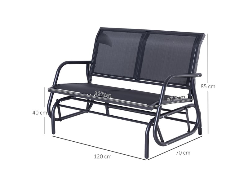  Banc de jardin 120x70x90, banc d'extérieur 2 places à bascule, en métal noir, dossier et assise en tissu mesh respirant  - Conforama B