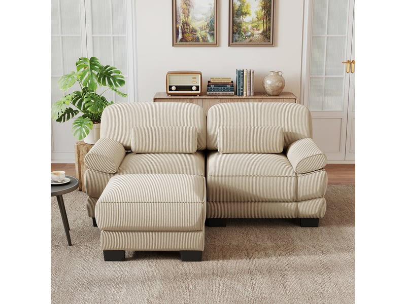  Canapé modulable 2 places 194x161x94 cm avec pouf en velours côtelé beige  - Conforama E