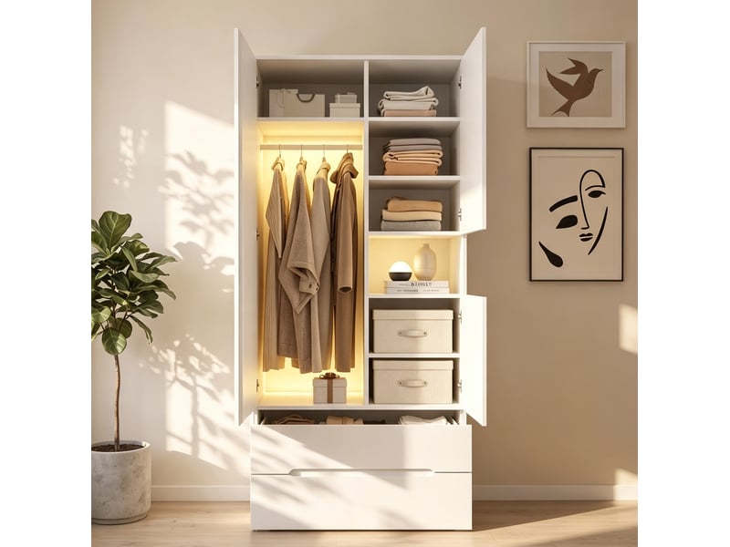  Armoire 90x50x200 cm 3 portes avec led, 2 tiroirs et penderie blanc  - Conforama D
