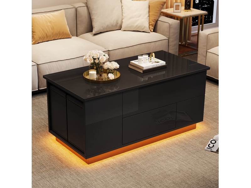  Table basse relevable 100 x 50 cm avec led, 2 tiroirs et 2 tabourets noirs  - Conforama E