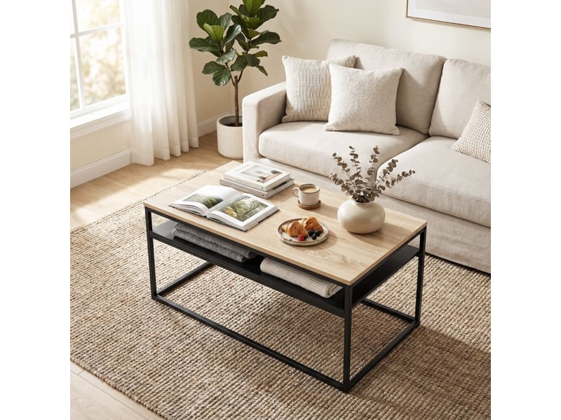  Table de salon 100 x 59 x 47 cm style industriel rangement inférieur aspect chêne  - Conforama B