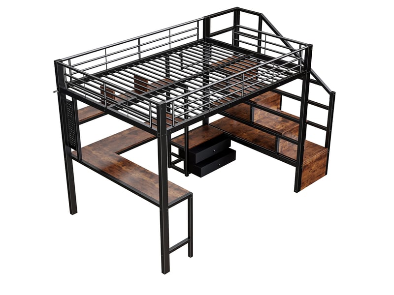 Lit mezzanine 140x200 cm métal noir avec led, bureau, tiroirs et rangements - Conforama E