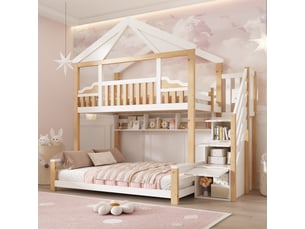 Lit superposé 90x200 et 140x200 cm avec toit en diamant et escalier de rangement, lit cabane avec étagère suspendue et sommiers, blanc et bois naturel