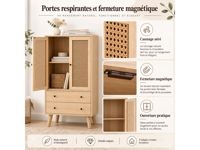 Buffet haut 60x40x120 cm, 2 portes rotin, 2 tiroirs, 4 rangements, pieds bois, effet chêne  - Conforama B