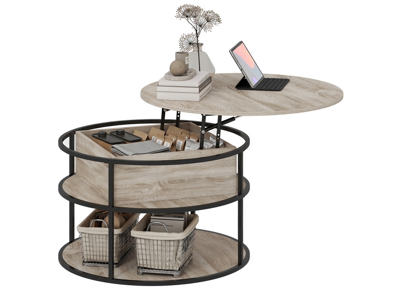  Table basse ronde avec plateau relevable rangements coloris chêne ø 80 x 47-61,5 cm  - Conforama B