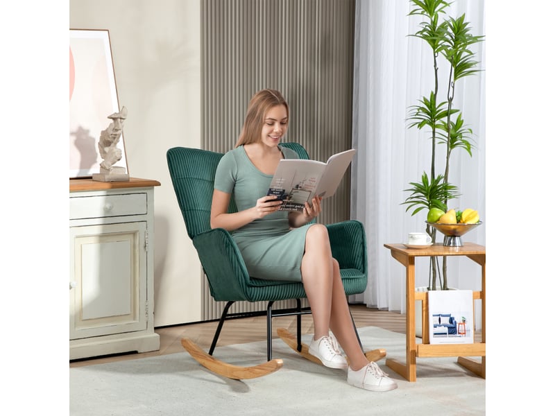  Fauteuil à bascule 71x98x101cm – avec assise rembourrée et pieds patins en bois – polyester - vert foncé  - Conforama B