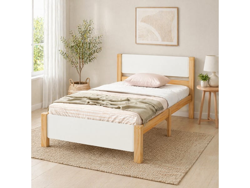  Lit simple 90x200 cm blanc et bois naturel, cadre en pin et mdf  - Conforama D