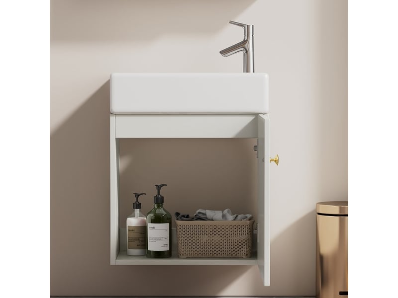 Meuble sous-vasque 46 cm avec vasque en céramique, meuble salle de bain suspendu blanc, petit meuble pour wc invités - Conforama D
