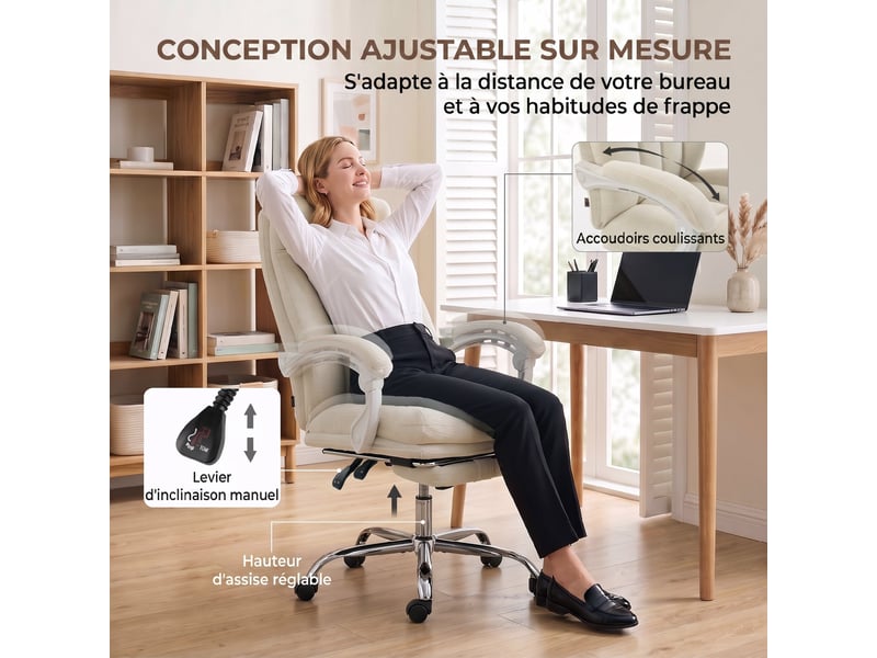  Chaise bureau ergonomique, fauteuil de bureau inclinable en chenille, repose-pieds, hauteur réglable, crème  - Conforama R