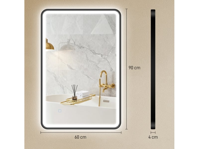  Miroir de salle de bains led 90 x 60 cm, antibuée, dimmable, noir, ip44  - Conforama C