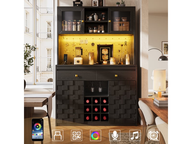  Armoire de cuisine avec led buffet haut noir 120cm, meuble de rangement multifonction avec prises usb et porte-bouteilles  - Conforama E
