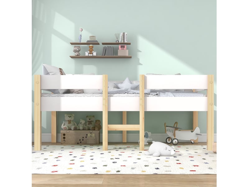  Lit semi-hauteur enfant blanc et chêne 90 x 200 cm avec barrière et échelle  - Conforama C