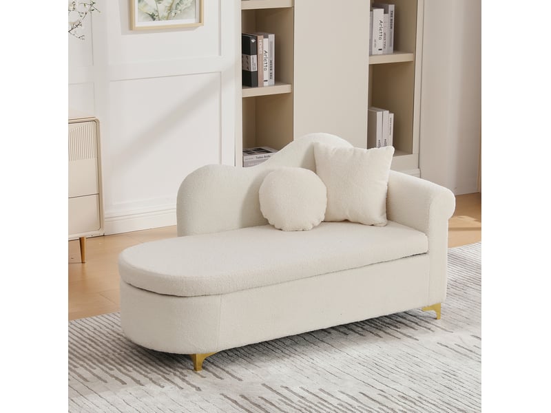  Méridienne avec coffre de rangement, dossier ondulé et coussins lombaire et cervical, tissu effet mouton beige blanc  - Conforama B