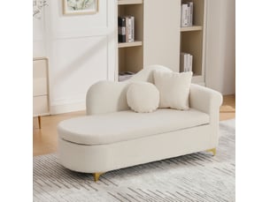Méridienne avec coffre de rangement, dossier ondulé et coussins lombaire et cervical, tissu effet mouton beige blanc