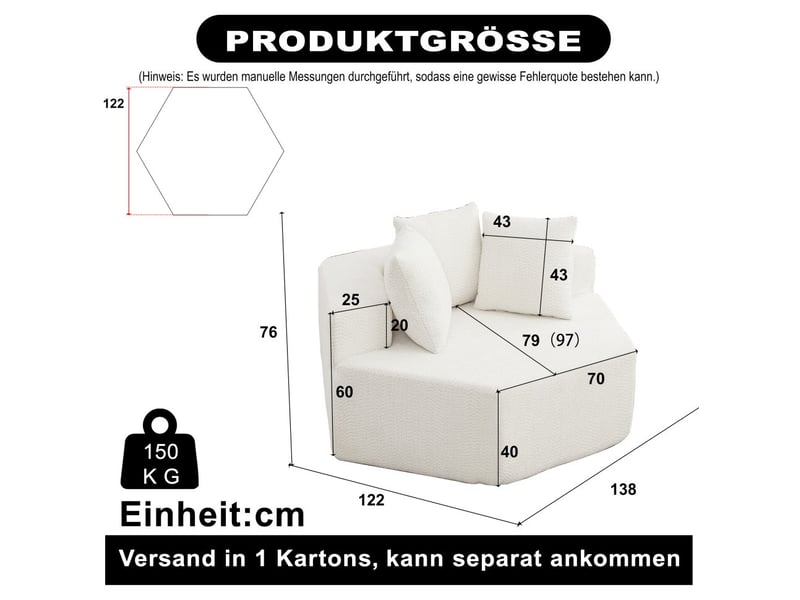 Fauteuil hexagonal 1 place - fauteuil cabriolet modulaire individuel sans montage en chenille avec 3 coussins - beige - Conforama E