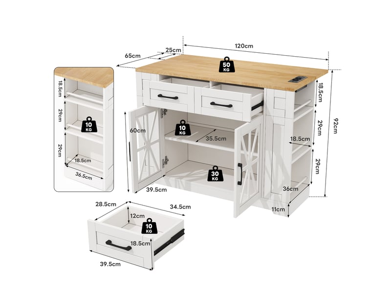  Îlot de cuisine mobile 120 × 4065 × 92 cm en mdf, table rabattable, prises ac et usb, porte vitrée et roulettes freinées  - Conforama B