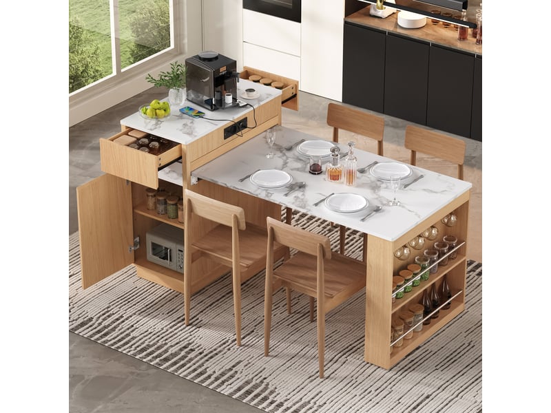  Desserte de cuisine extensible avec 4 tiroirs, led et ports usb 58–154×80,5×94 cm naturel  - Conforama B