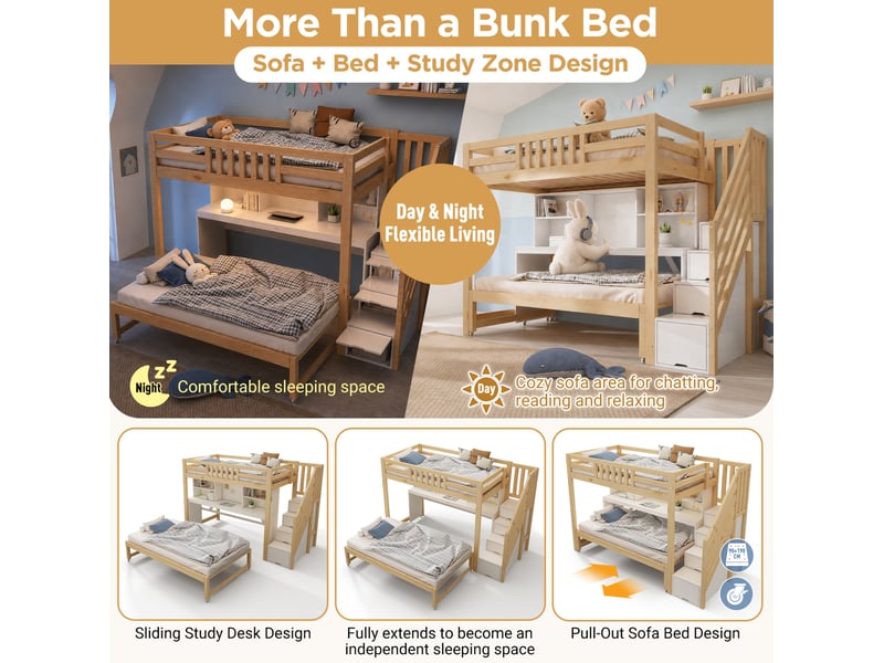  Lit superposé enfant 90 × 200 cm et 90 × 190 cm avec bureau, rangement et lit gigogne, sans matelas, blanc chêne  - Conforama E