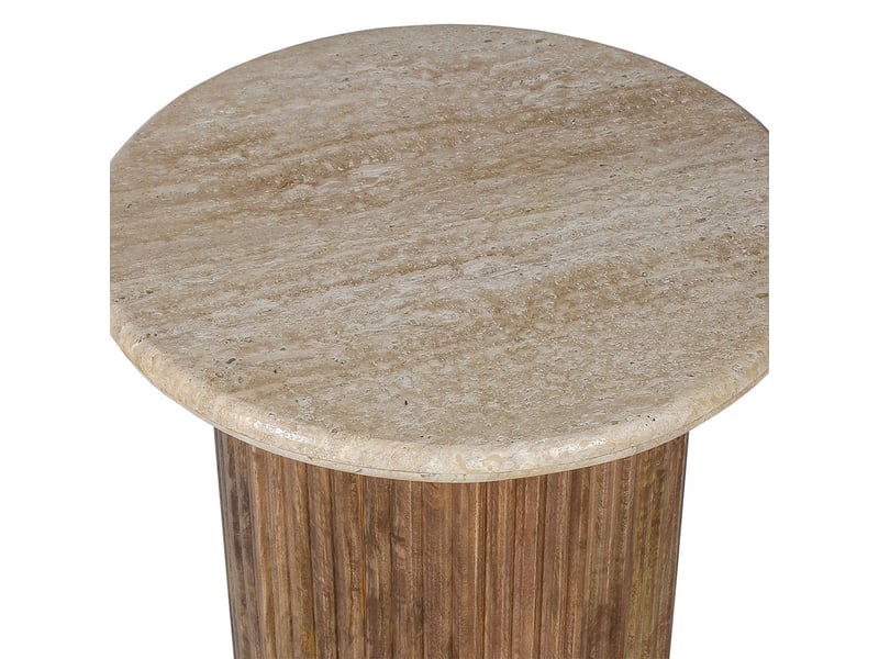  Table d'appoint en travertin et bois de manguier 50 cm  - Conforama C