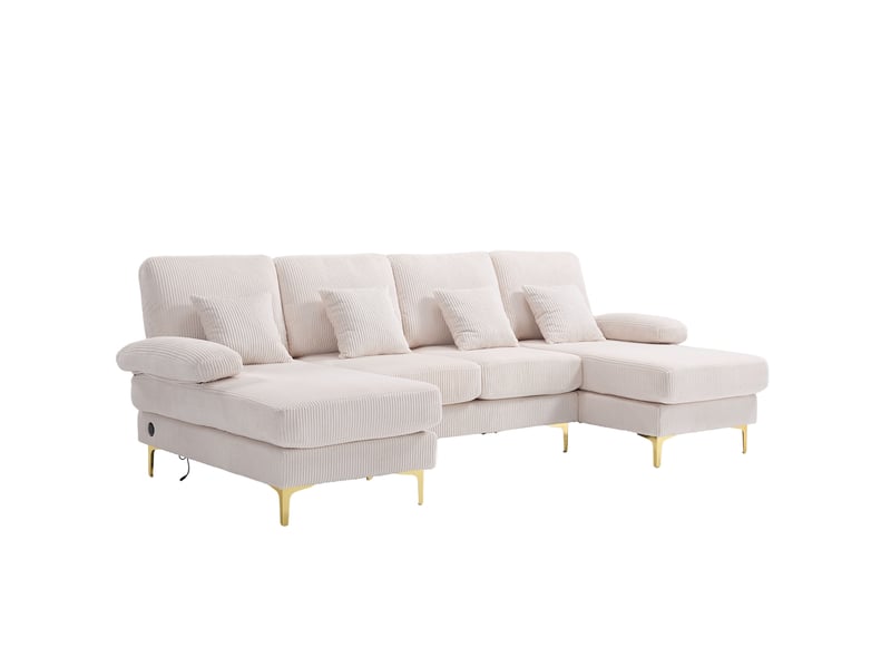 Canapé panoramique en u 4 places avec led et port usb-c, 4 coussins, dossier ergonomique, velours côtelé beige - Conforama A