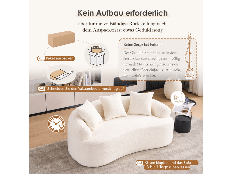 Canapé droit incurvé 2 places avec 3 coussins | style contemporain moderne tissu chenille | ressorts ensachés sans montage compressé - blanc cassé - Conforama C