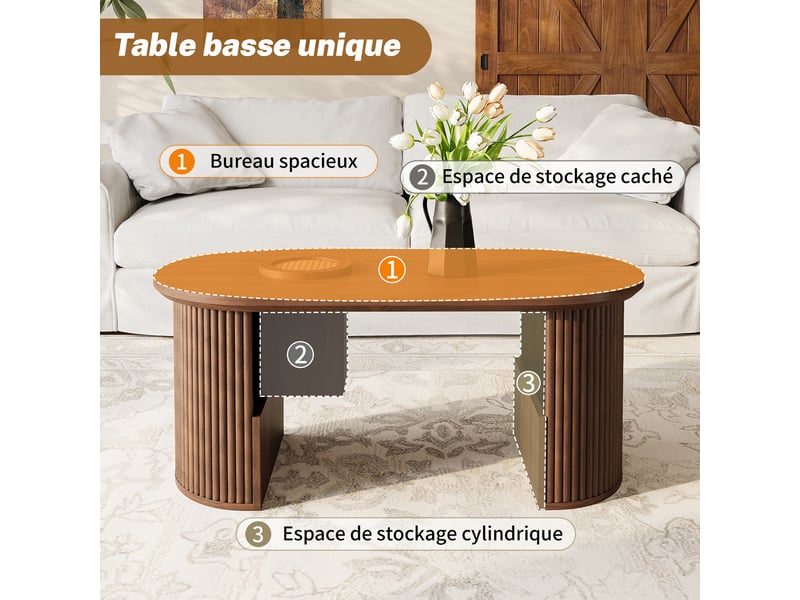 Table basse moderne de style rétro, table basse en noyer avec texture verticale, dimensions : 105 cm (longueur) x 50 cm (largeur) x 46,5 cm (hauteur). - Conforama D