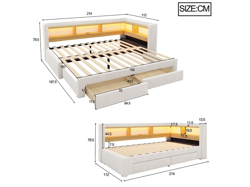  Lit extensible 3-en-1 90x200 cm en velours beige avec tiroirs, led et prise  - Conforama C