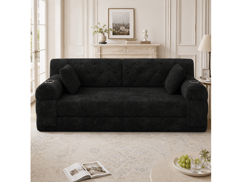 Canapé convertible compressé 3 places en velours côtelé noir, 4 poches et 2 porte-gobelets - Conforama E