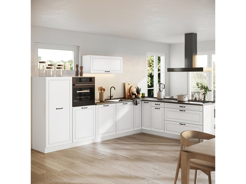 Vicco cuisine en angle, blanc campagneblanc, 327 x cm plan de travail chêne doré - Conforama C