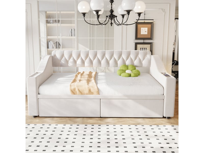  Lit d'appoint capitonné 90*190 cm, accoudoirs épais avec usb, compartiments intégrés et tiroirs, velours beige  - Conforama D