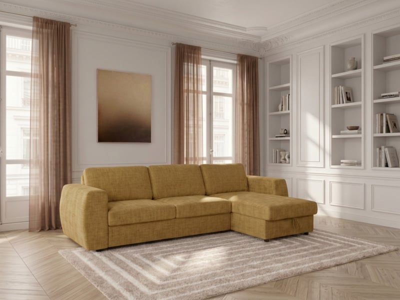  Bobochic canapé d'angle réversible convertible coffre hugo ouverture express tissu texturé jaune 140x190 réversible HUGO - Conforama B