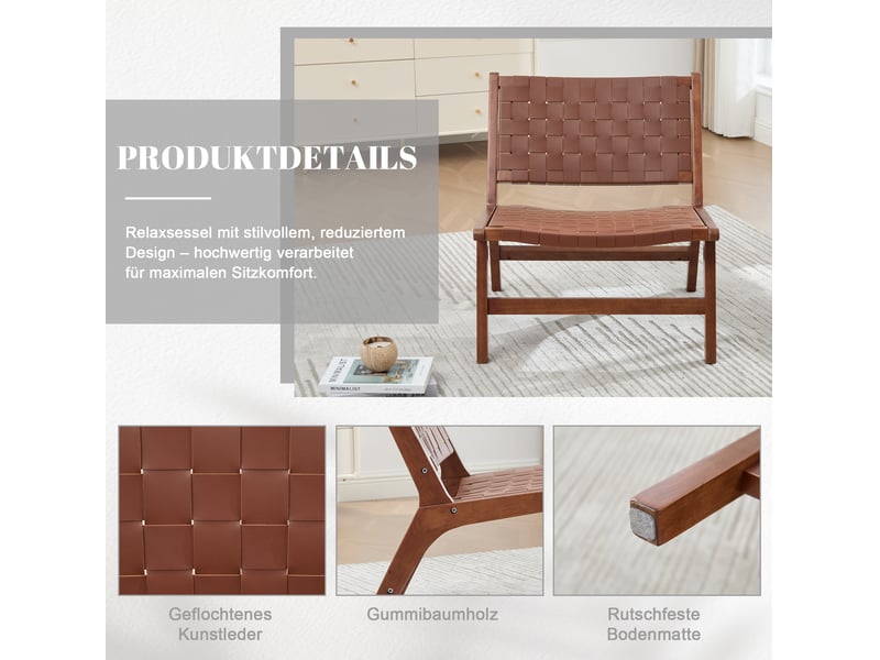 Fauteuil détente sans accoudoirs 66x71x72 cm, tressage pu, cadre en bois, style industriel, marron  - Conforama E