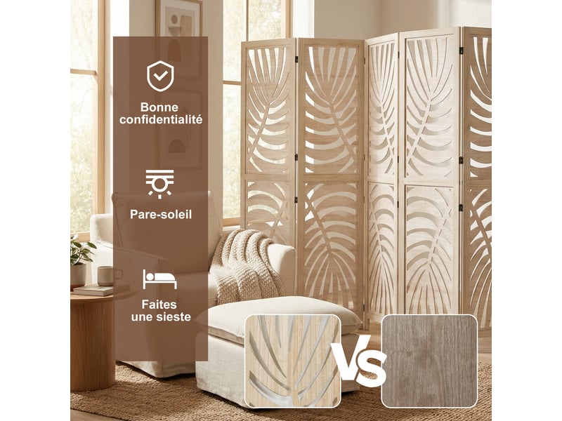  Paravent interieur en bois 6 panneaux 240 x 170 cm, pliable et portable, motif de feuille, bois naturel, design amovible  - Conforama R